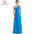 Grace Karin Hot Sale One Shoulder Flower Chiffon Long Blue Bridesmaid Dresses CL3402-4#